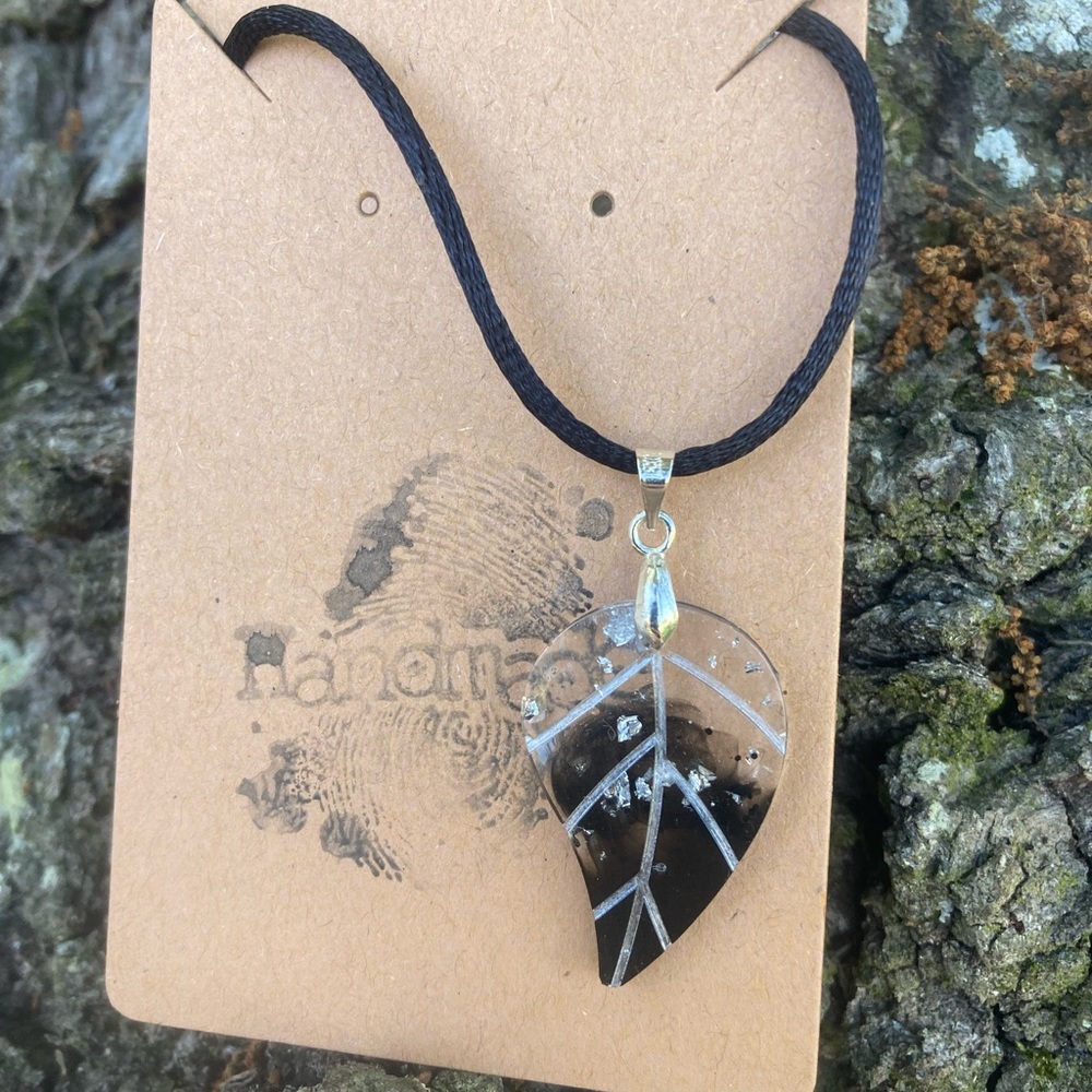 Black and silver flake Leaf necklace pendant